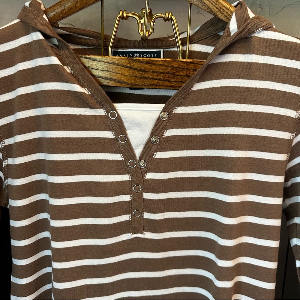 Karen Scott Sport Woman's Cotton White & Tan Striped With Hood Size‎  M - Picture 3 of 11